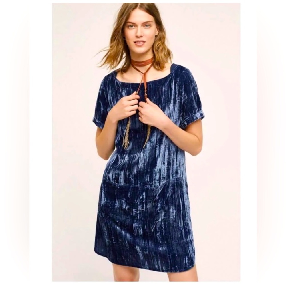 Anthropologie Floreat Womens XS Blue Crush Velvet Shift Midi Dress Lined Short